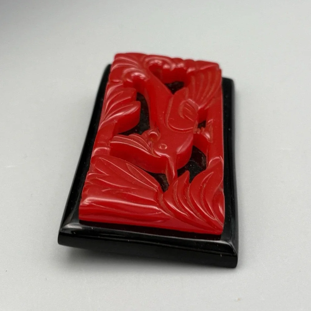 Vintage Carved Red Bakelite Brooch Bird Red Black Laminated Chunky Gorgeous!